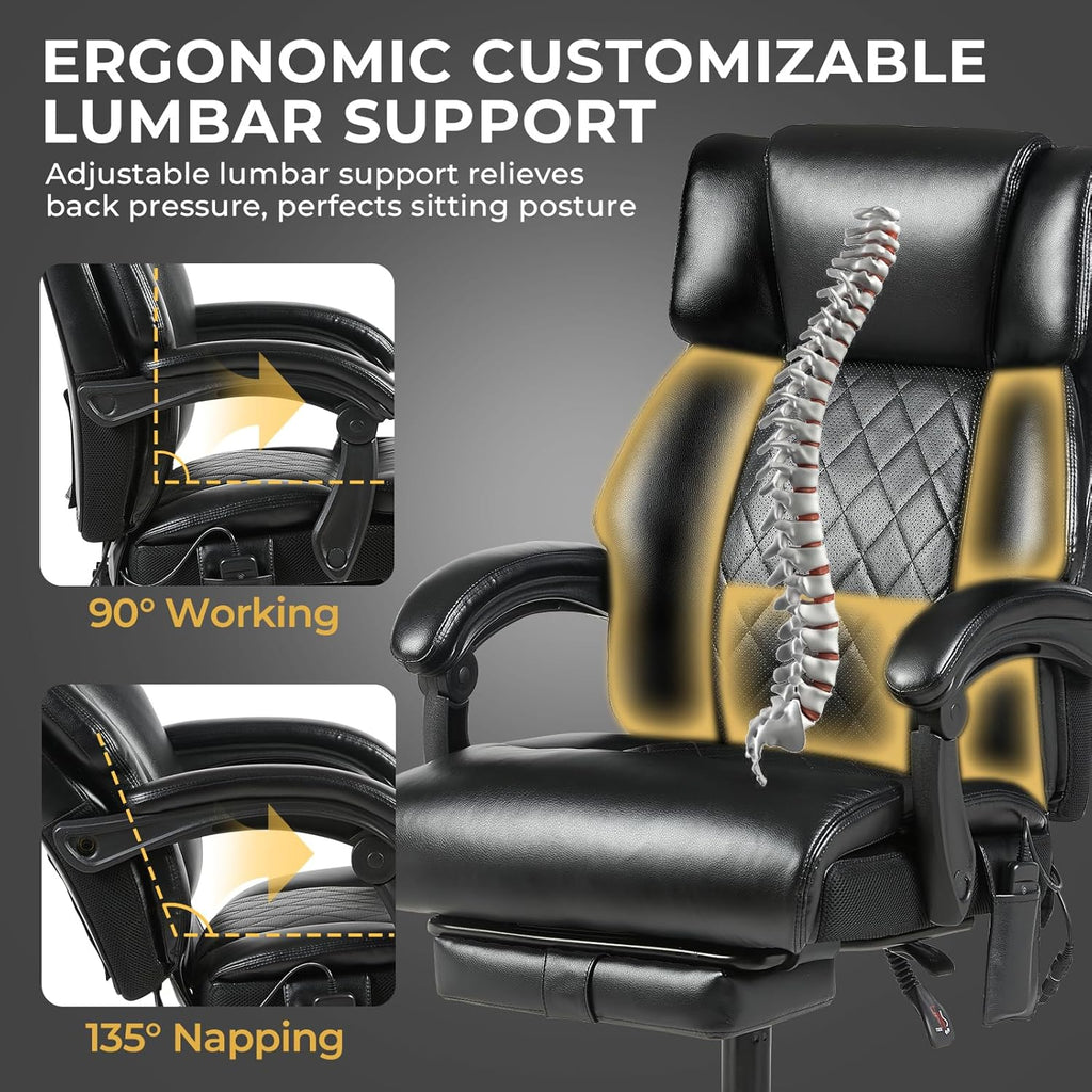 Massage Office Chair with Foot Rest and Heating, Executive Ergonomic Reclining Leather Office Chair, Big and Tall Desk Chair with Vibration Massager, Computer Gaming Chair for Home & Office Black