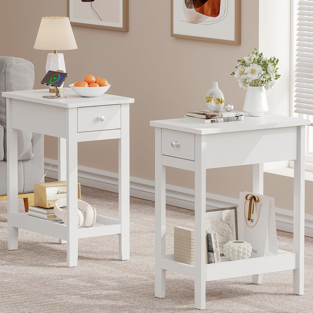 SEJOV End Table Set of 2, Narrow Night Stand with Drawer and Shelves, 2-Tier Small Wood Look Accent Side Tables Living Room Bedroom Office, White