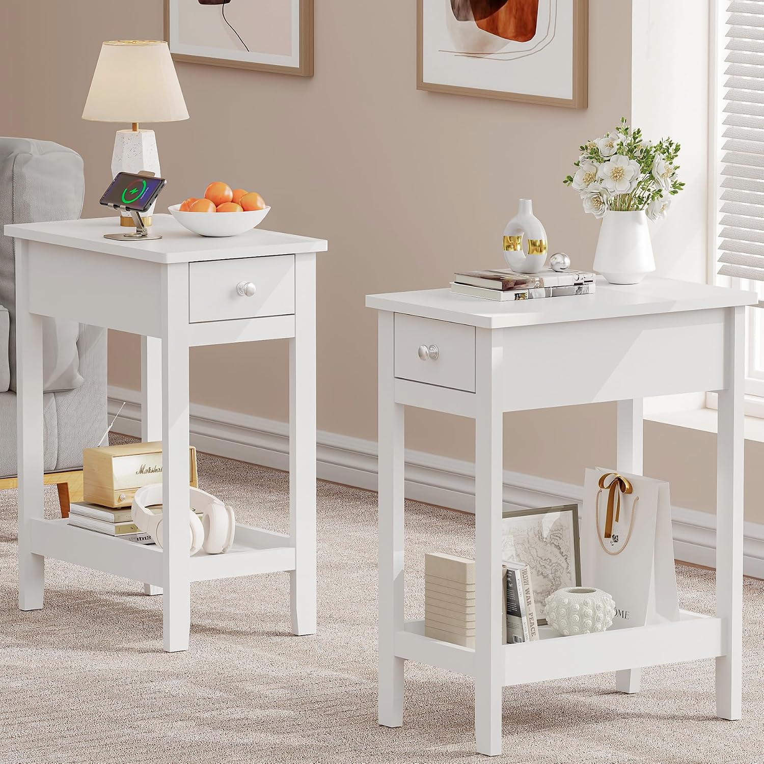 SEJOV End Table Set of 2, Narrow Night Stand with Drawer and Shelves, 2-Tier Small Wood Look Accent Side Tables Living Room Bedroom Office, White