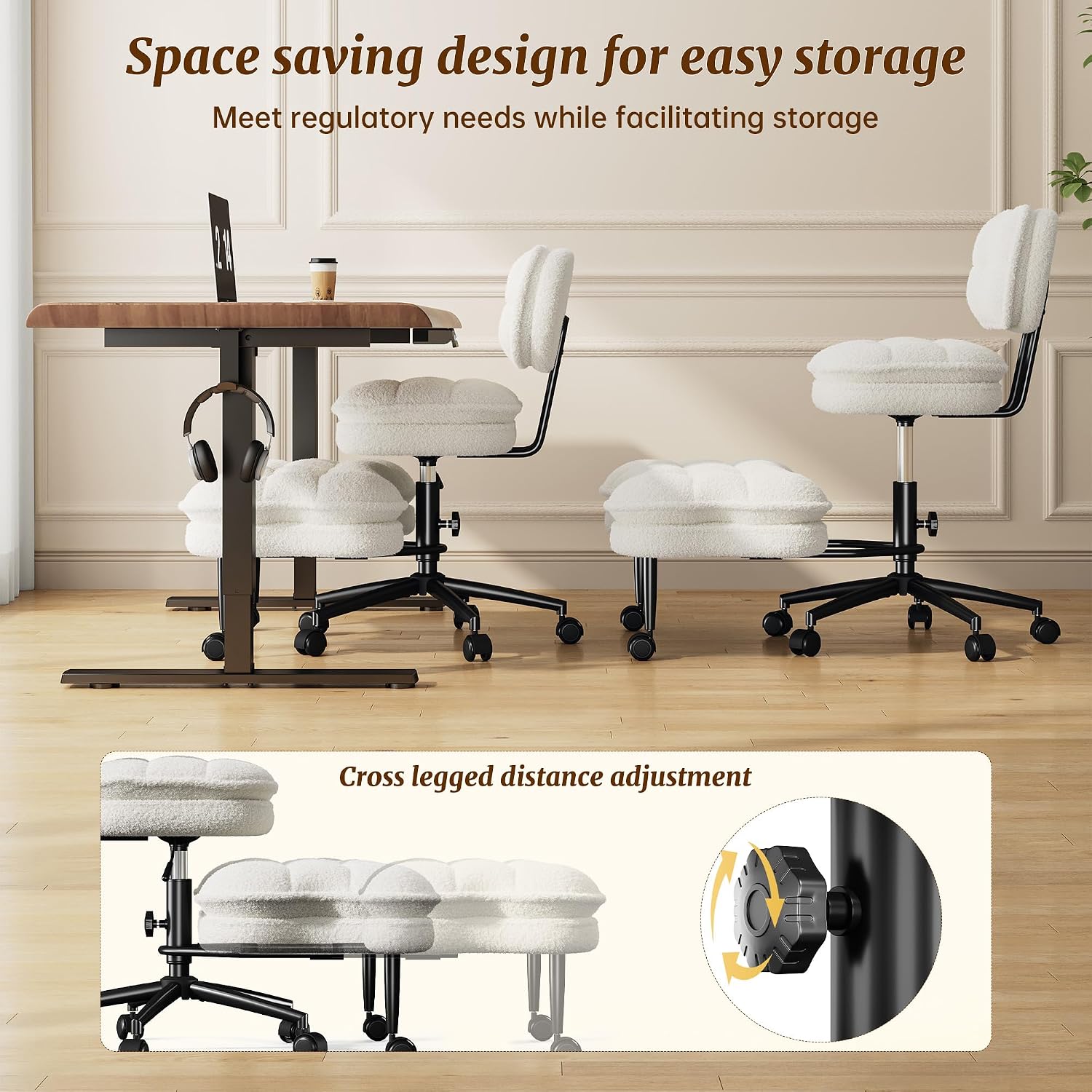 DurayLoly Cross Legged Office Chair, 360 Swivel, Folding Footrest, 5.12" Dual-Layer Plush Cushion, Height Adjustable, 300 lbs Capacity, Lumbar Support, Meditation Kneeling Chair, Off White