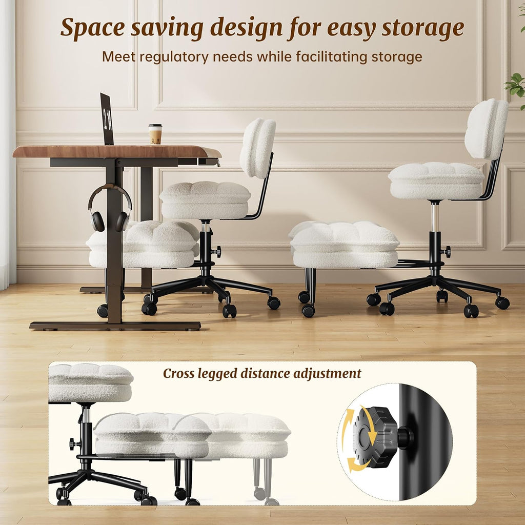 DurayLoly Cross Legged Office Chair, 360 Swivel, Folding Footrest, 5.12" Dual-Layer Plush Cushion, Height Adjustable, 300 lbs Capacity, Lumbar Support, Meditation Kneeling Chair, Off White