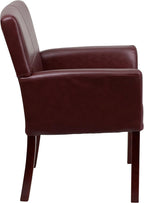 EMMA + OLIVER Burgundy LeatherSoft Executive Side Reception Chair with Mahogany Legs