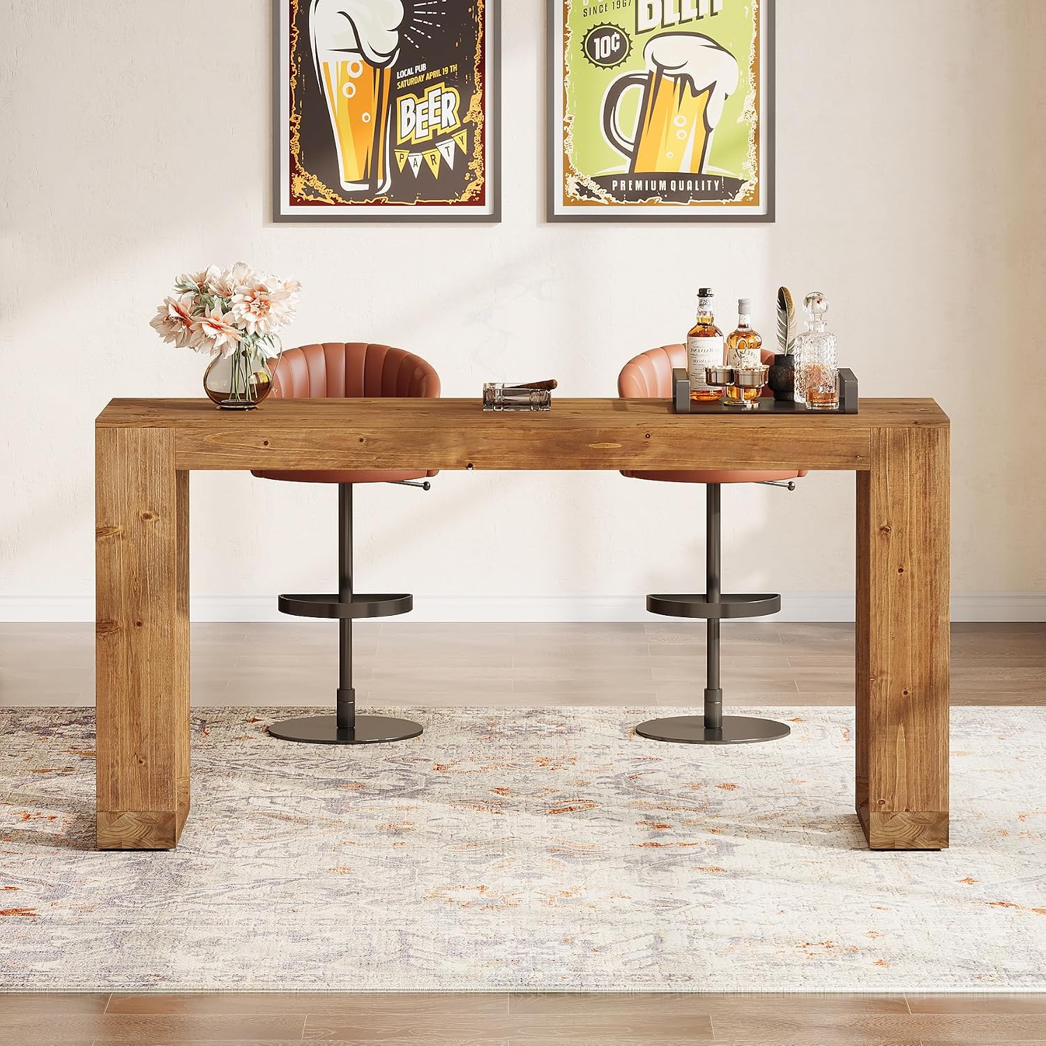 63-Inch Solid Wood Bar Table, Narrow Long Counter Height Pub Dining Table, Farmhouse Rectangular Home Coffee Bar Units for Kitchen, Dining Room, Living Room, Bistro, Brown