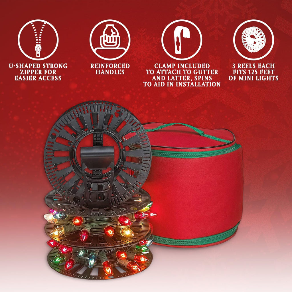 HOLDN’ STORAGE Premium Christmas Light Storage Bag – Heavy Duty Tear Proof 600D/Inside PVC Material with Reinforced Handles - 3 Reels Stores up to 375 Ft of Mini Tree Lights & Extension Cords Red