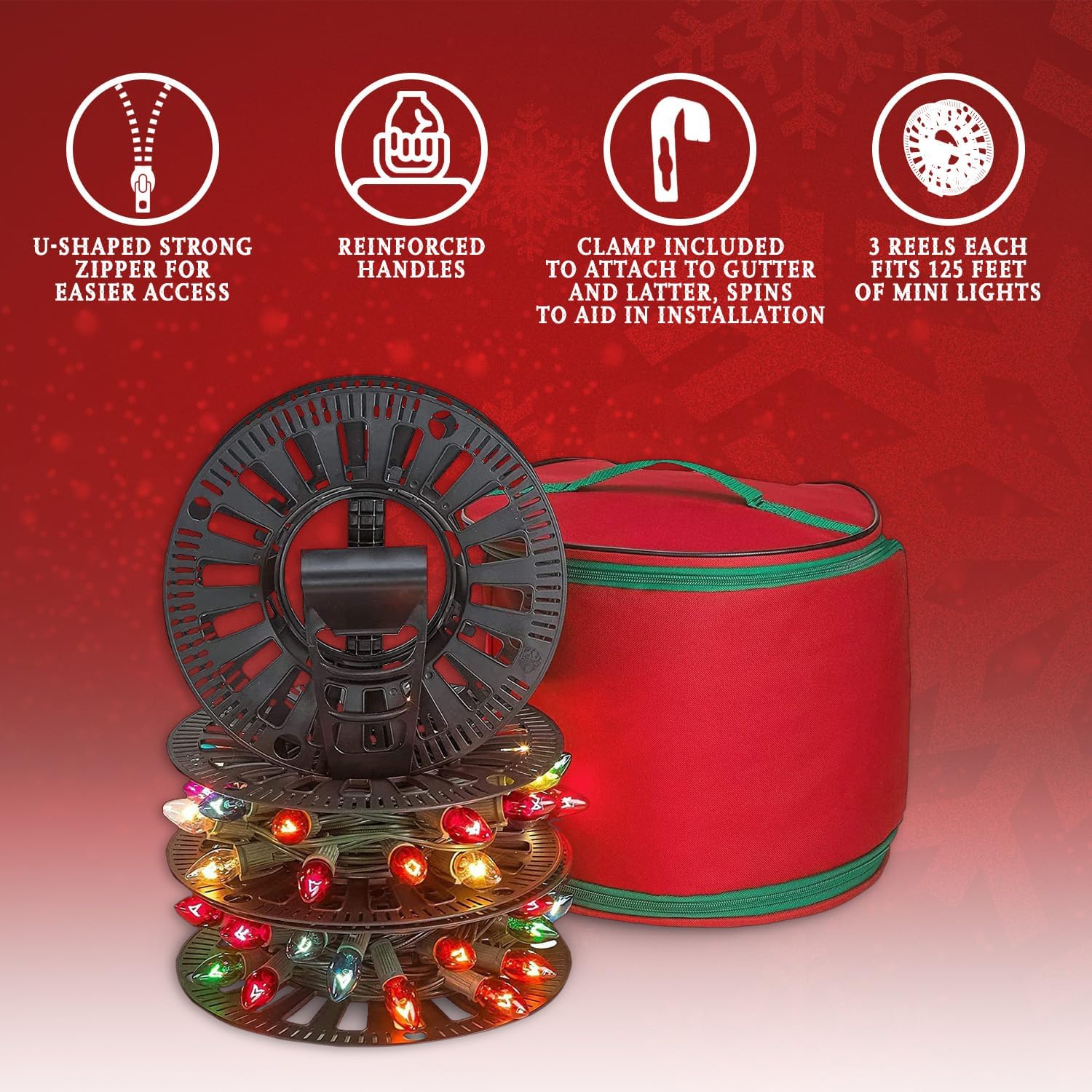 HOLDN’ STORAGE Premium Christmas Light Storage Bag – Heavy Duty Tear Proof 600D/Inside PVC Material with Reinforced Handles - 3 Reels Stores up to 375 Ft of Mini Tree Lights & Extension Cords Red