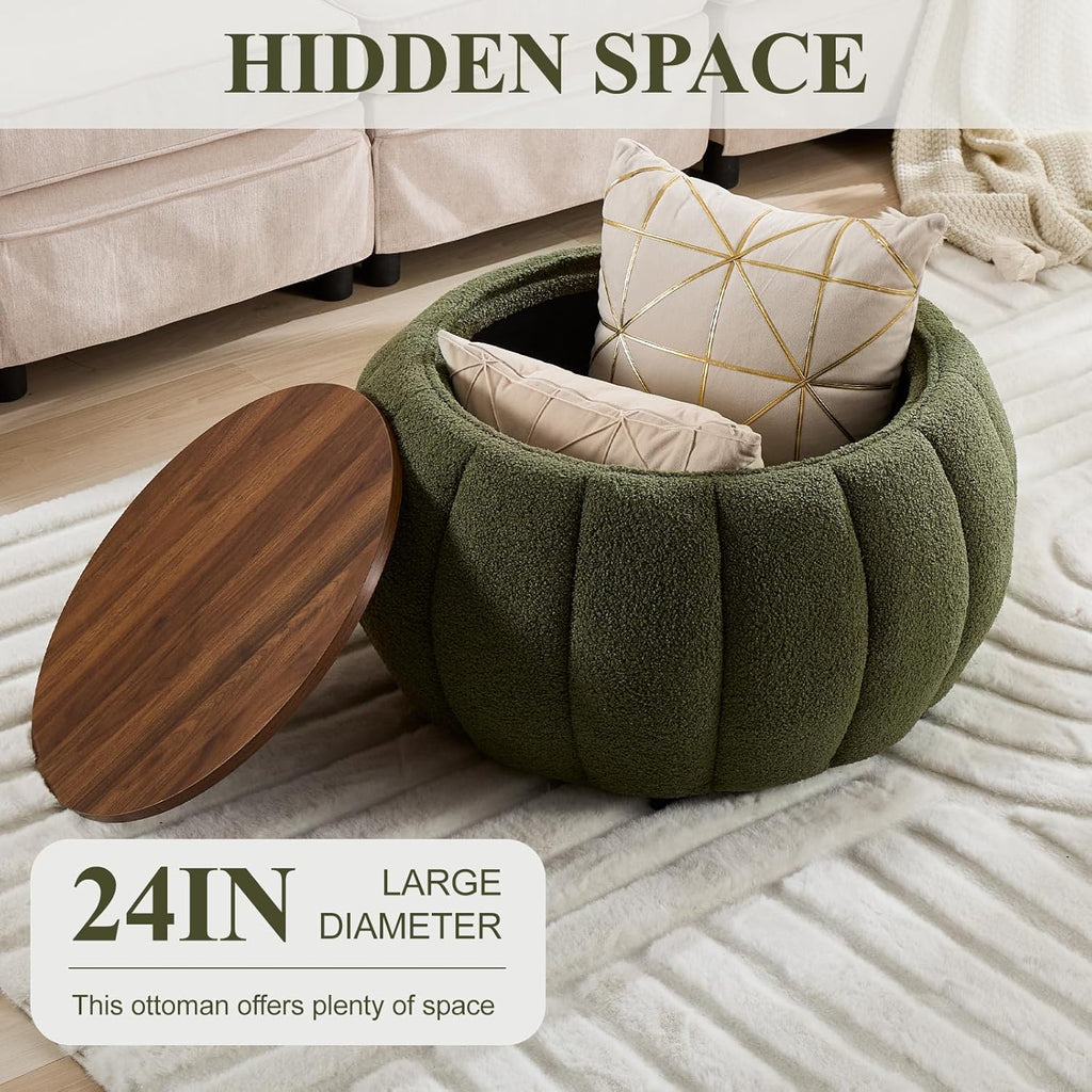 YDcosyfy 30 Inches Round Ottoman Coffee Table with Storage, Upholstered Ottoman in Boucle Teddy Fabric, Wooden Top with Tray, Soft Pumpkin Shape Design,for Living Room, Bedroom, Lounge, Green