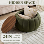 YDcosyfy 30 Inches Round Ottoman Coffee Table with Storage, Upholstered Ottoman in Boucle Teddy Fabric, Wooden Top with Tray, Soft Pumpkin Shape Design,for Living Room, Bedroom, Lounge, Green