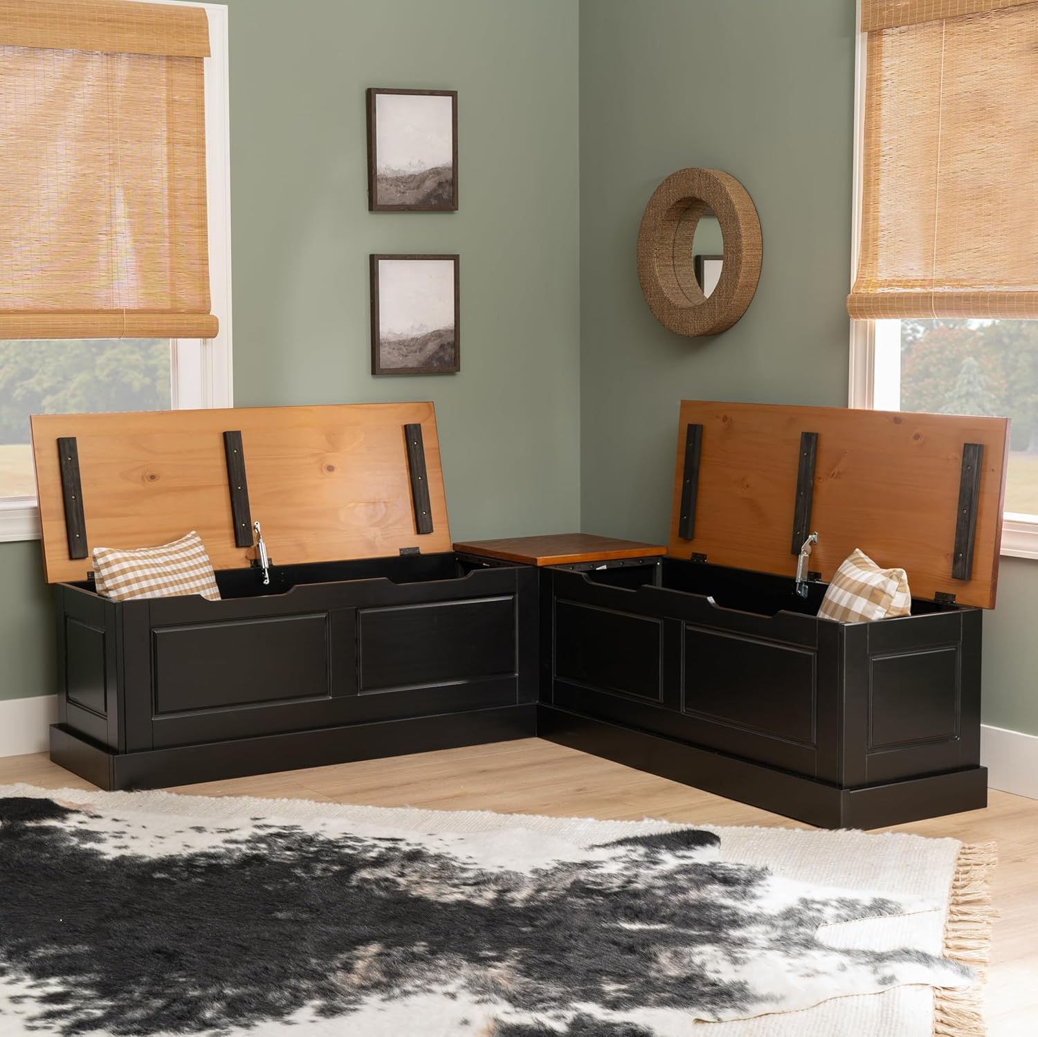 Linon Harris Black and Walnut Backless Kitchen Dining Nook with Hidden Storage Bench Space