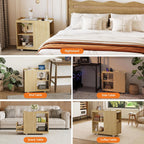 End Table with Charging Station, Mobile Side Table with Drawer, 3-Level Adjustable Shelf, 2 AC Outlets, Lockable Wheels, Nightstand for Living Room, Bed Room, Kitchen