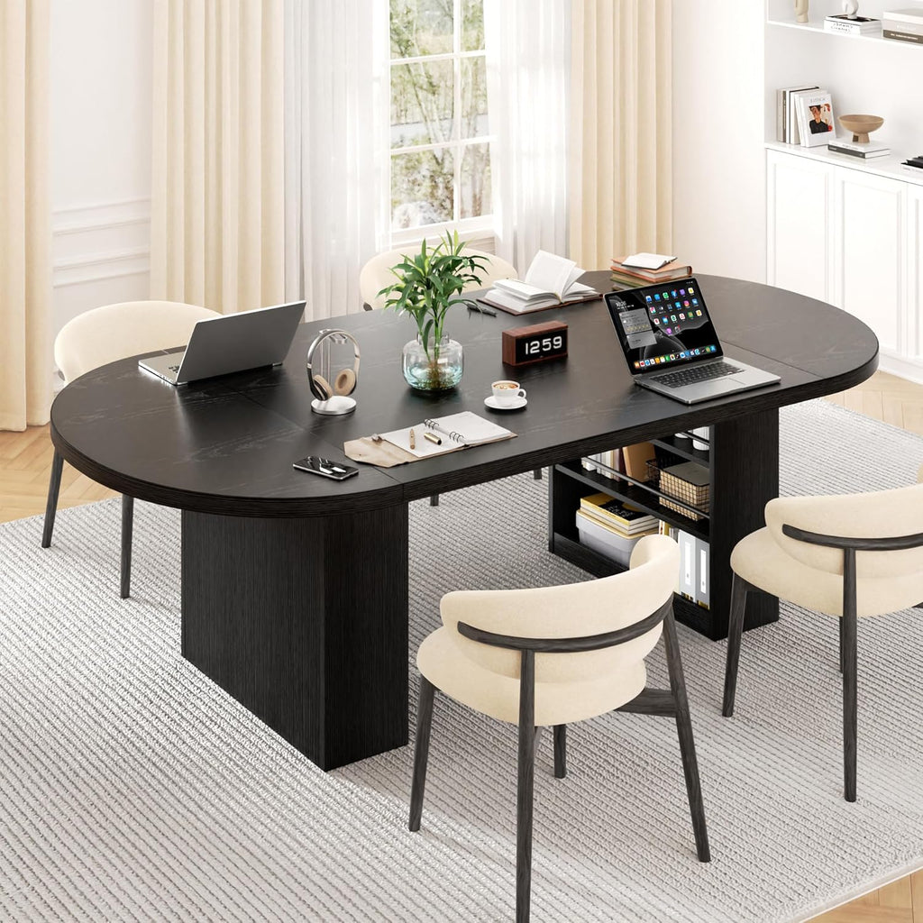 Jocoevol 78.7" Dining Table for 6-10 People, Oval Dining Room Table with 3-Tier Storage Shelf, Modern Black Kitchen Tables with Heavy Duty Pedestal Base for Home, Dining Room, Black