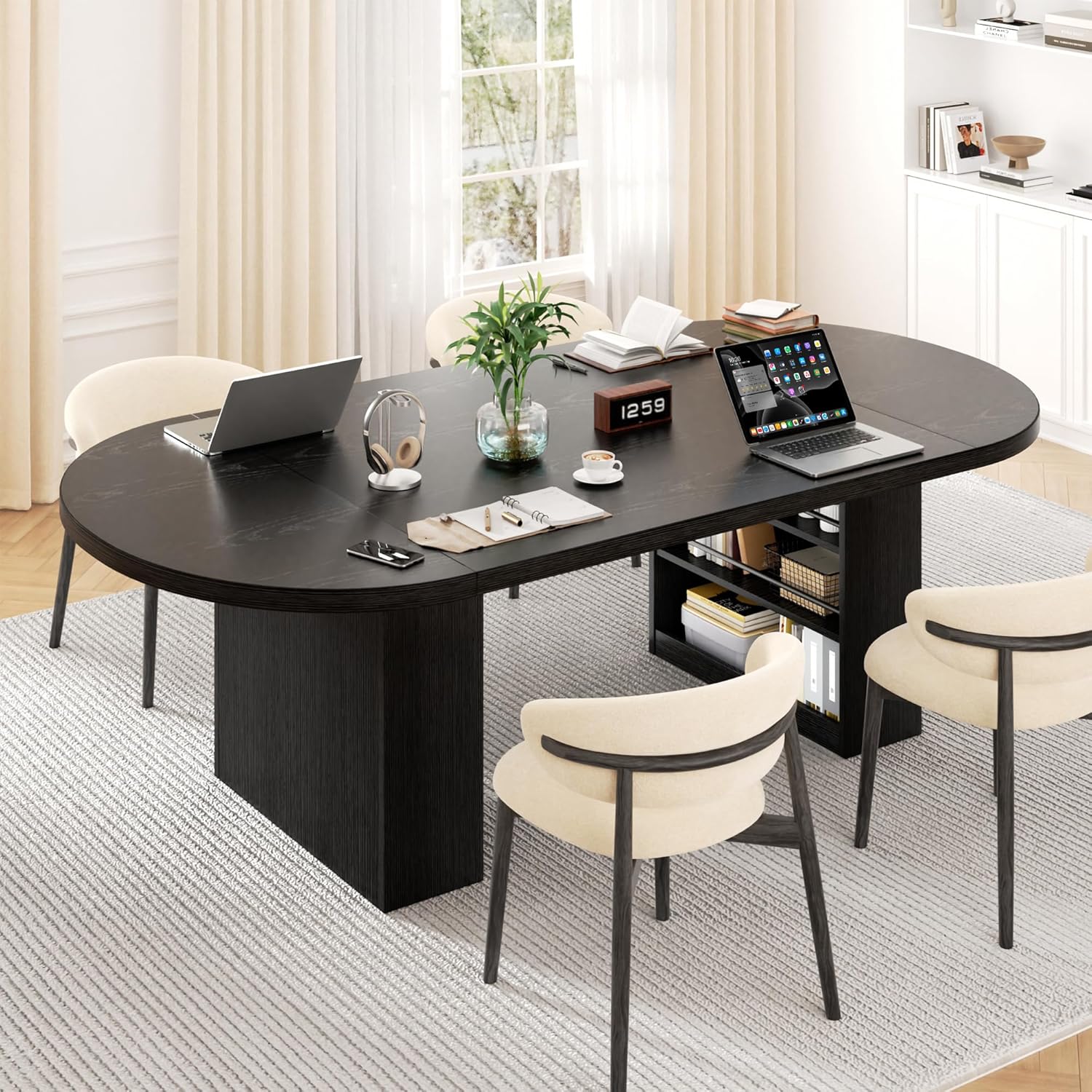 Jocoevol 78.7" Dining Table for 6-10 People, Oval Dining Room Table with 3-Tier Storage Shelf, Modern Black Kitchen Tables with Heavy Duty Pedestal Base for Home, Dining Room, Black