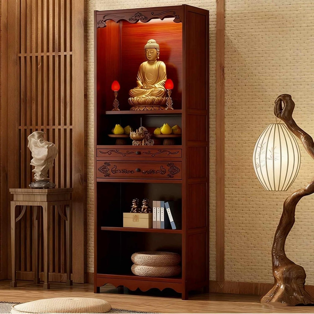 Temple for Home, 20.8-27.5'', Bamboo Meditation Altar Table with Storage, Dual-Mode Drawer Puja Table for Incense & Offerings, Bamboo Altar Cabinet for Home Use for Storage(Style B,53cm/20.8in)