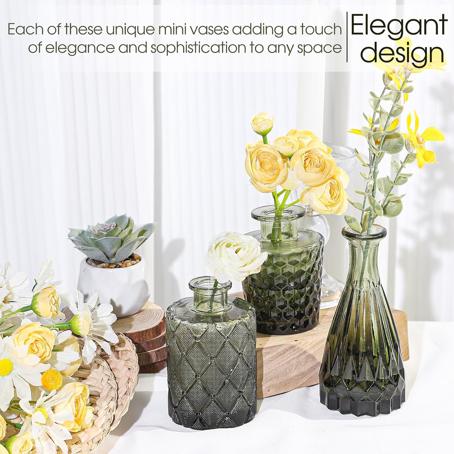 TBWIND 12pcs Green Glass Bud Vases Set, Small Vases for Flowers, Bud Vase for Centerpieces in Bulk, Mini Vintage Vase for Wedding Decorations, Office and Home Table Flower Décor
