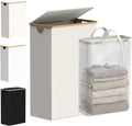 efluky Slim Laundry Basket with Lid, Narrow Laundry Hamper with Removable Bag, Skinny Dirty Clothes Basket with Bamboo Handles for Bathroom, Bedroom & Laundry Room, 75L Beige