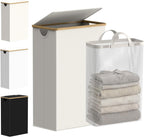 efluky Slim Laundry Basket with Lid, Narrow Laundry Hamper with Removable Bag, Skinny Dirty Clothes Basket with Bamboo Handles for Bathroom, Bedroom & Laundry Room, 75L Beige