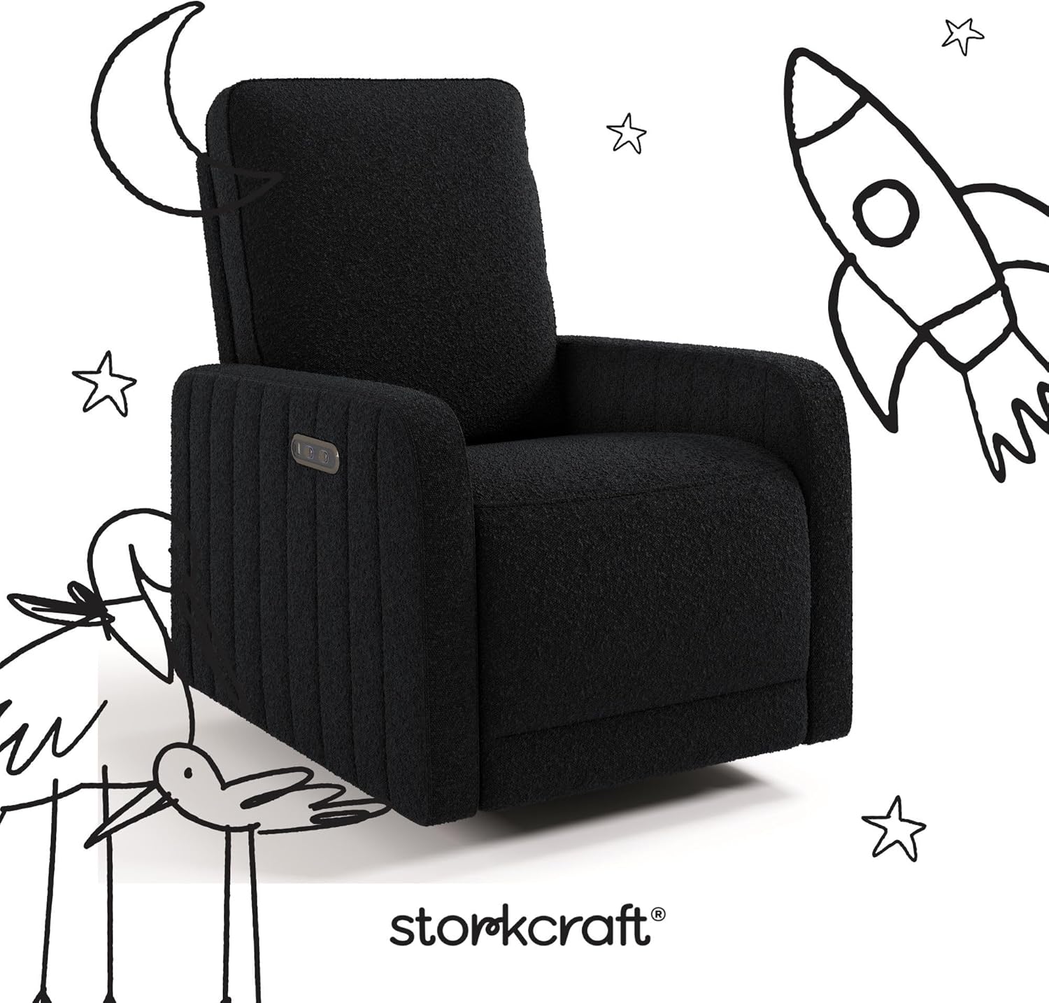 Storkcraft Kyoto Deluxe Power Recliner Swivel Glider (Black Boucle) – Premium Electronic Power Recliner for Nursery, Includes Dual-USB Charging Port with USB-A & USB-C, Glider Rocking Chair