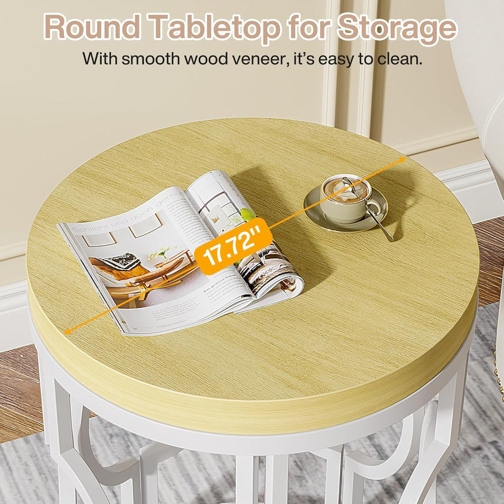 Tribesigns Round End Table, Farmhouse Side Table with White Metal Hollow Frame, Small Bedside Table Nightstand for Living Room, Bedroom, Easy Assembly (Natural Beige,1PC)