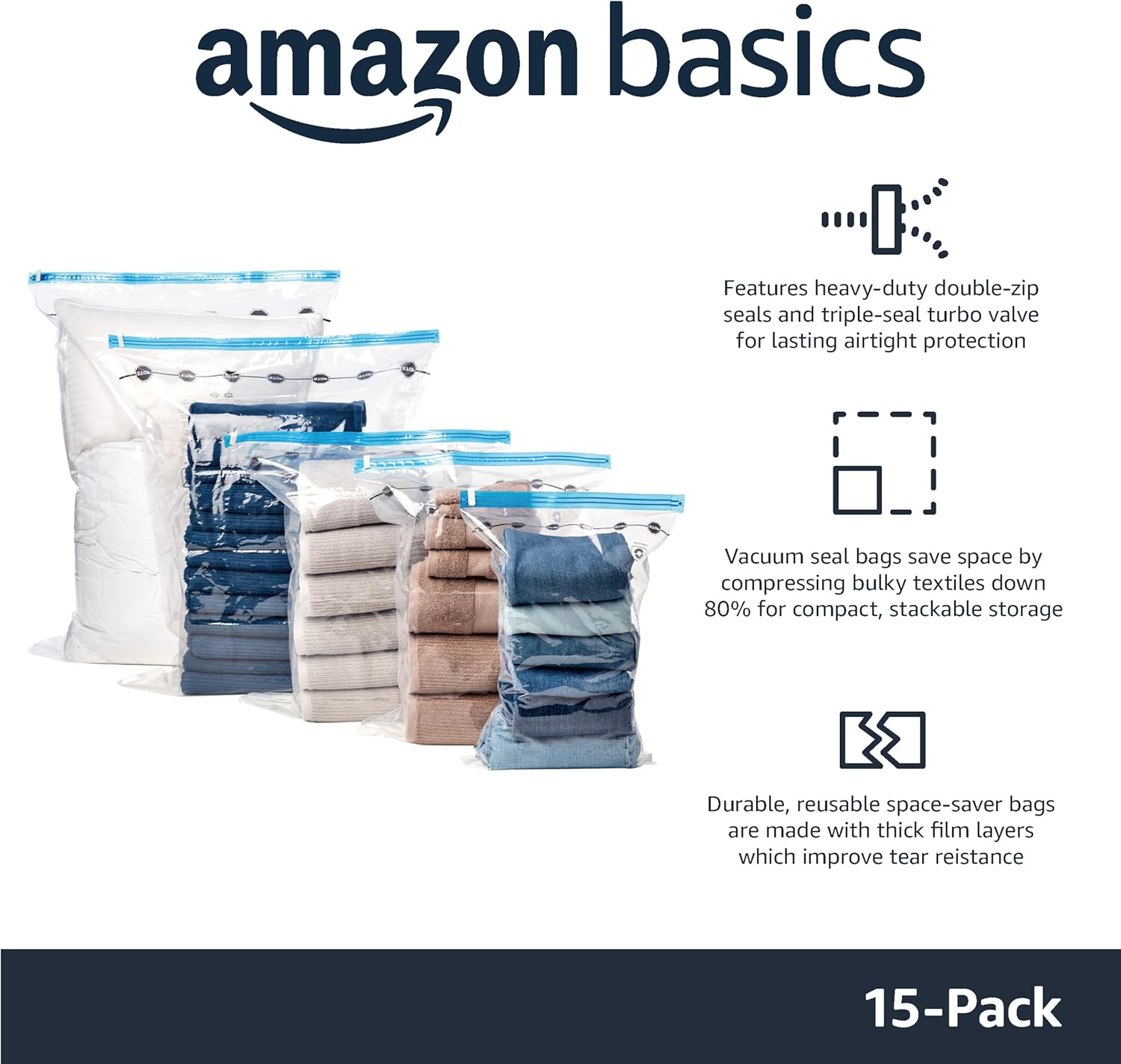 Amazon Basics Vacuum Storage Bags for Clothes, Compression Space Saving Storage Bags with Hand Pump, Reusable, Heavy-Duty Seal Protection, Multiple Sizes, White, 15-Pack