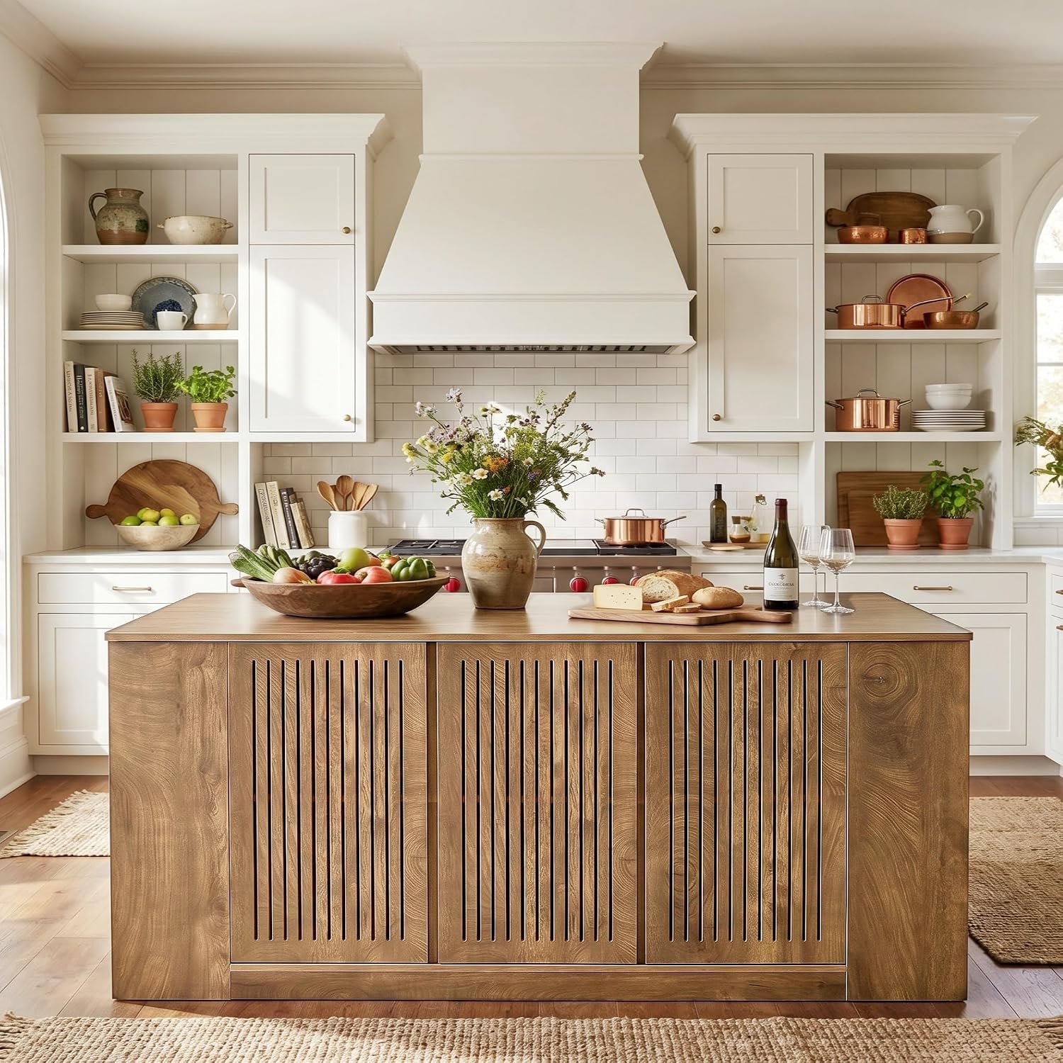 Tribesigns 71" Kitchen Island with Storage and Seating, Wooden Stationary Kitchen Bar, Large Island Table with Slatted Doors Cabinet & 6 Open Shelves, Farmhouse Style for Apartment & Home