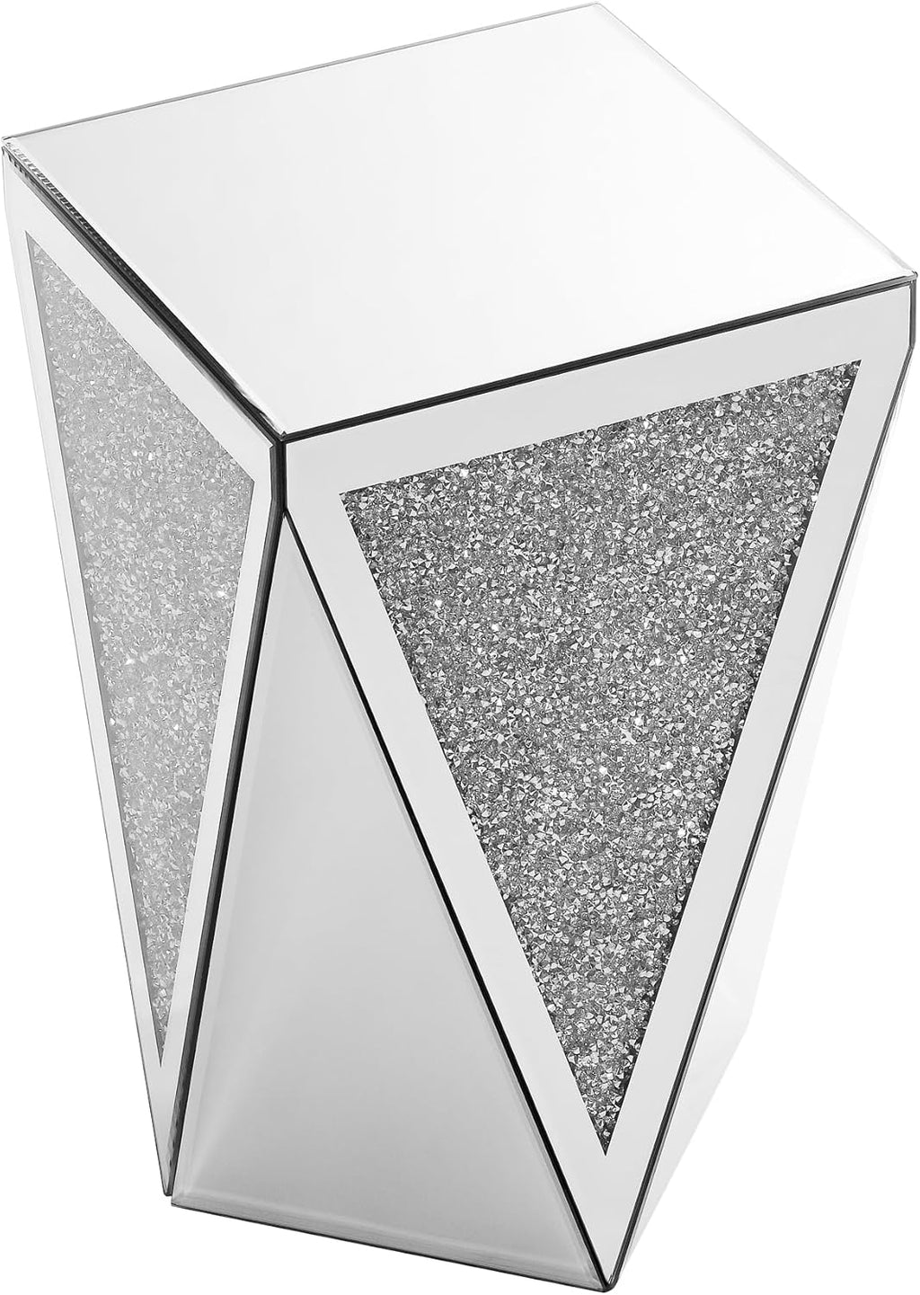 Mirrored End Table Modern Inverted Triangular Side Table with Crystal Design Decorative Glass Accent Small Coffee Table Bedside Table for Home Decoration Crystal Diamond Bed Night Stand