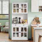 Garvee 72 Inch Kitchen Pantry Cabinet with Glass Doors, Drawer and Adjustable Shelves, Farmhouse Tall Storage Cabinet with Open Countertop, Coffee Bar Cabinet for Coffee Corner, White
