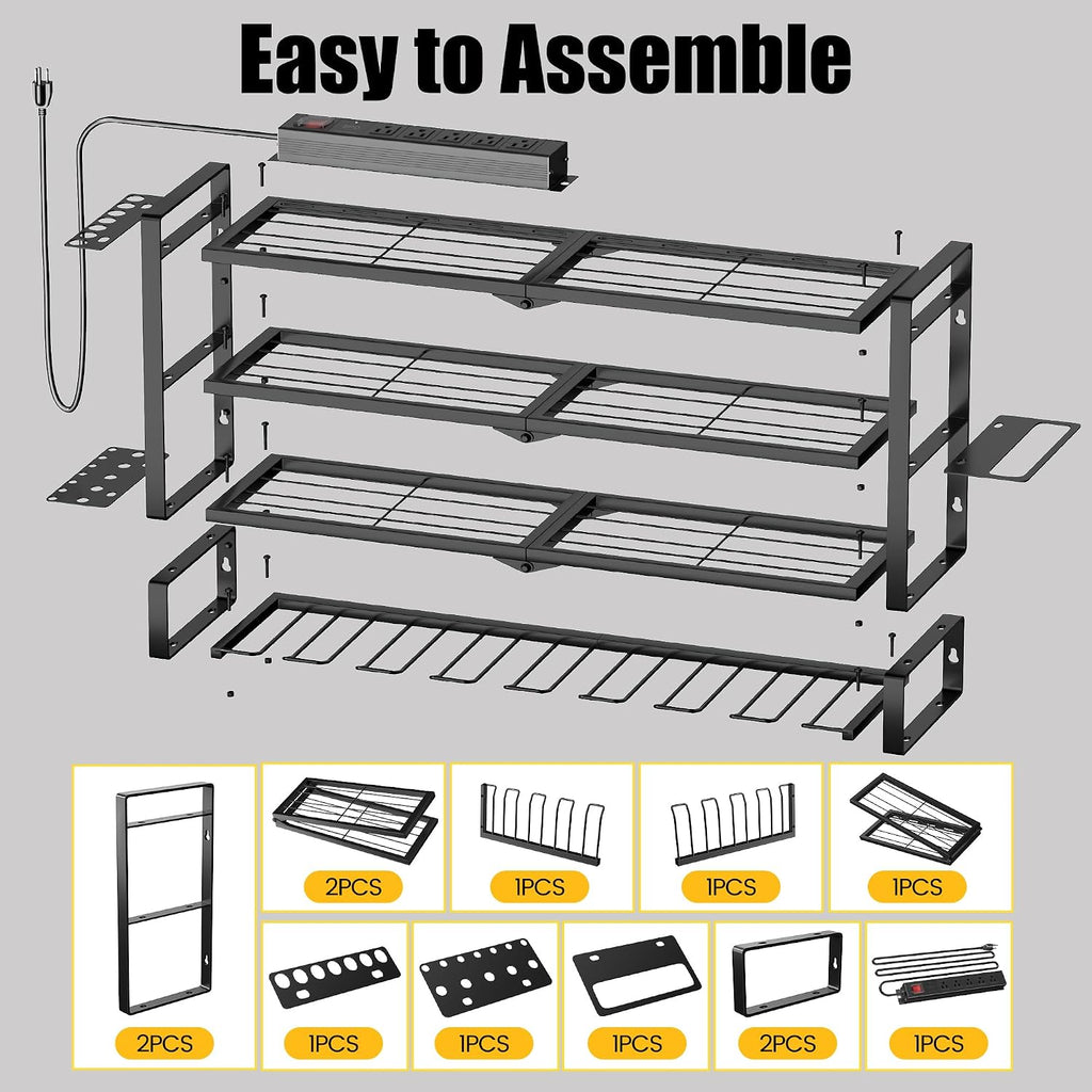 MOOMSINE Large Power Tool Organizer Wall Mount with Charging Station for Garage, 400lbs Metal Storage Rack with 8 Cordless Drill Holder, 4 Tier Heavy Duty Battery Tool Shelf with 5 Outlet Power Strip