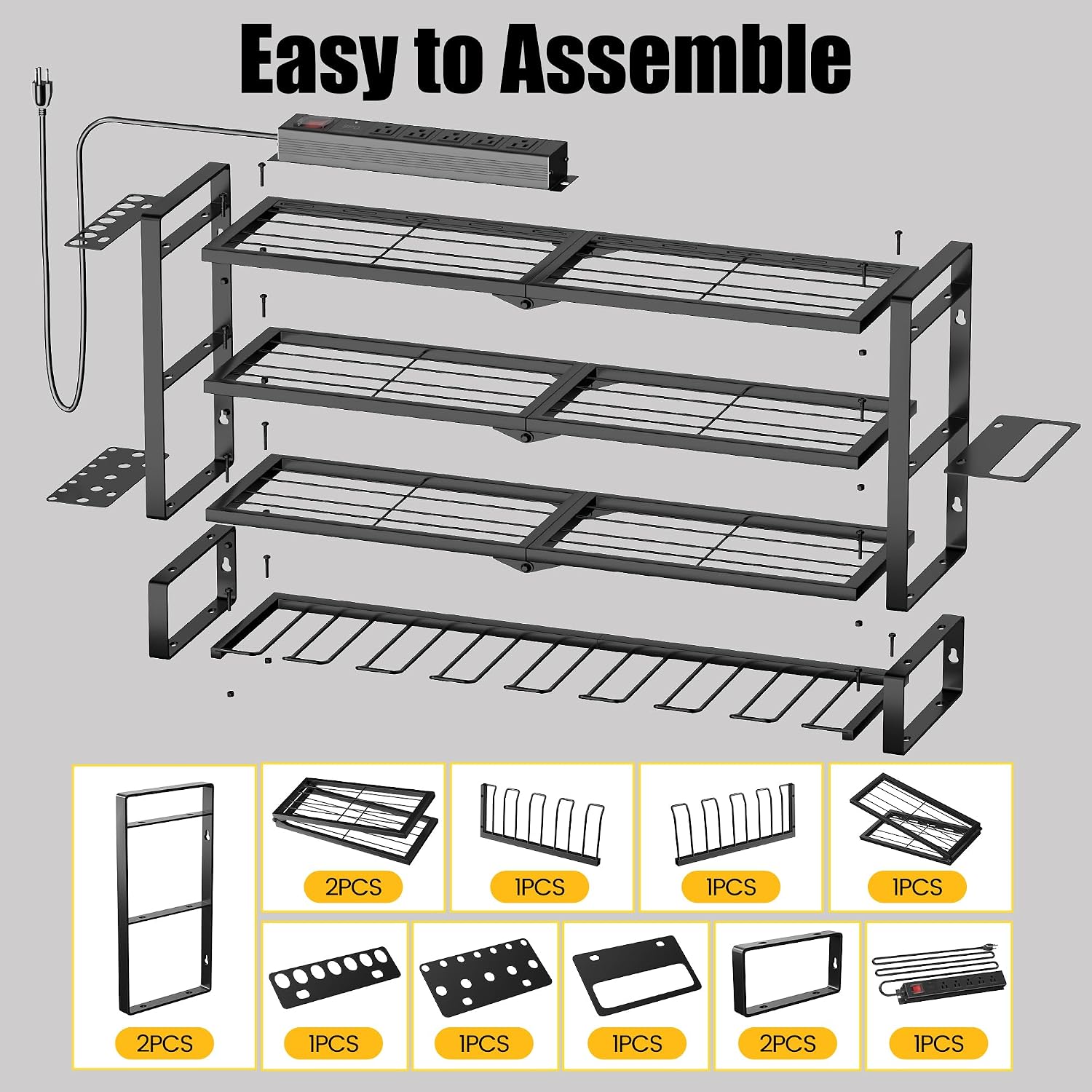 MOOMSINE Large Power Tool Organizer Wall Mount with Charging Station for Garage, 400lbs Metal Storage Rack with 8 Cordless Drill Holder, 4 Tier Heavy Duty Battery Tool Shelf with 5 Outlet Power Strip