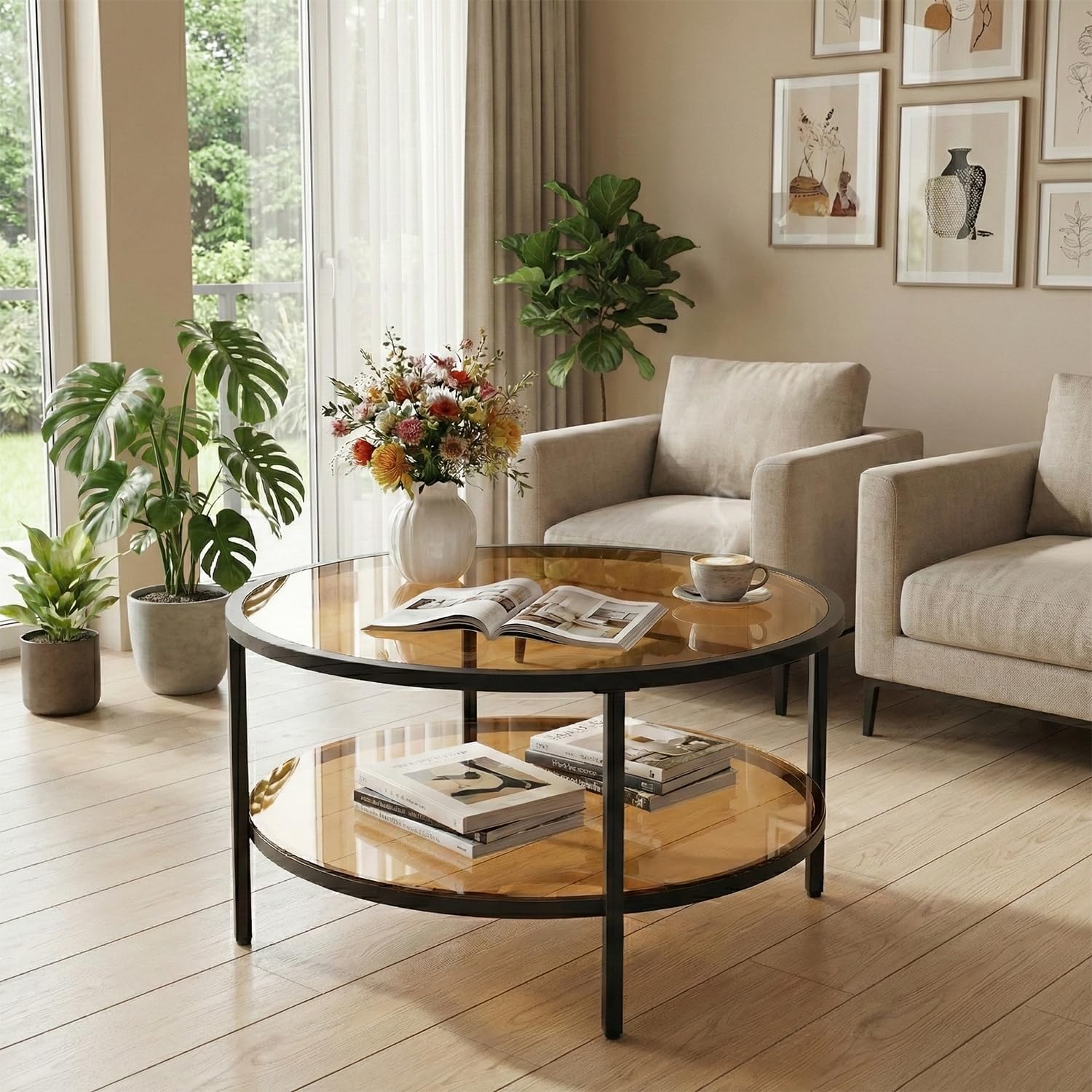 DIYART 29.5" Round Glass Coffee Table, 2-Tier Modern Amber Glass & Metal End Table for Living Room, Mid Century Accent Table with Lower Shelf, 29.5" D x 16.5" H