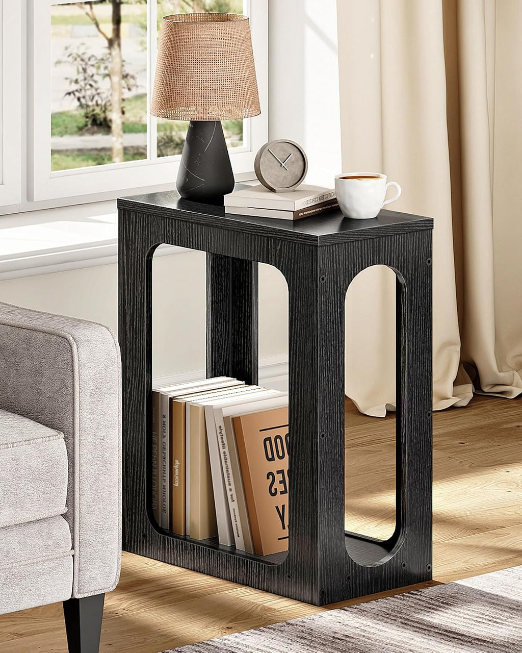 CHOEZON Narrow Side Table, Skinny End Table, Small Nightstand, Modern Geometric Structure, 2-Tier Sofa Bedside Partner, for Small Spaces, Living Room, Bedroom, Black MBZ10BB