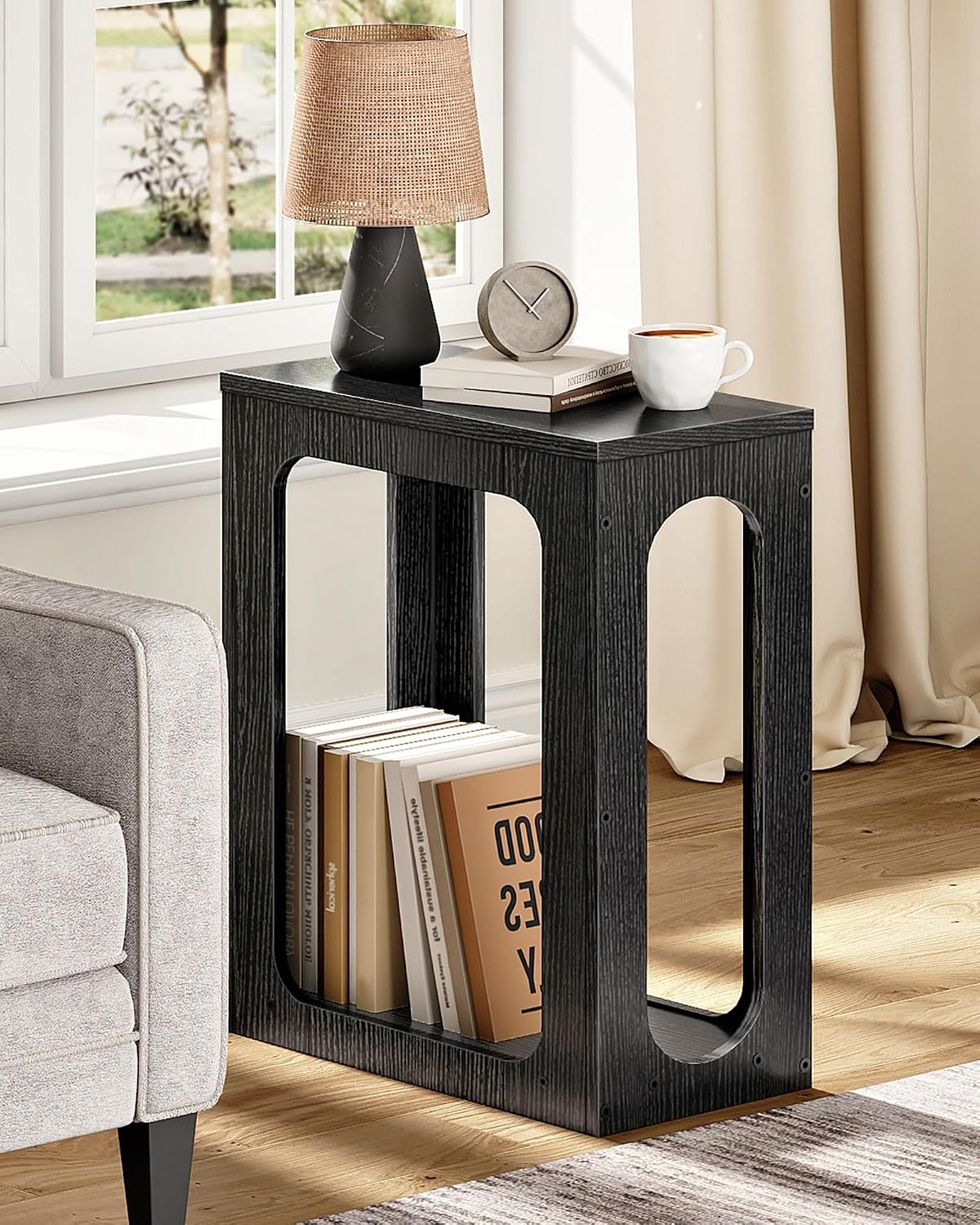 CHOEZON Narrow Side Table, Skinny End Table, Small Nightstand, Modern Geometric Structure, 2-Tier Sofa Bedside Partner, for Small Spaces, Living Room, Bedroom, Black MBZ10BB