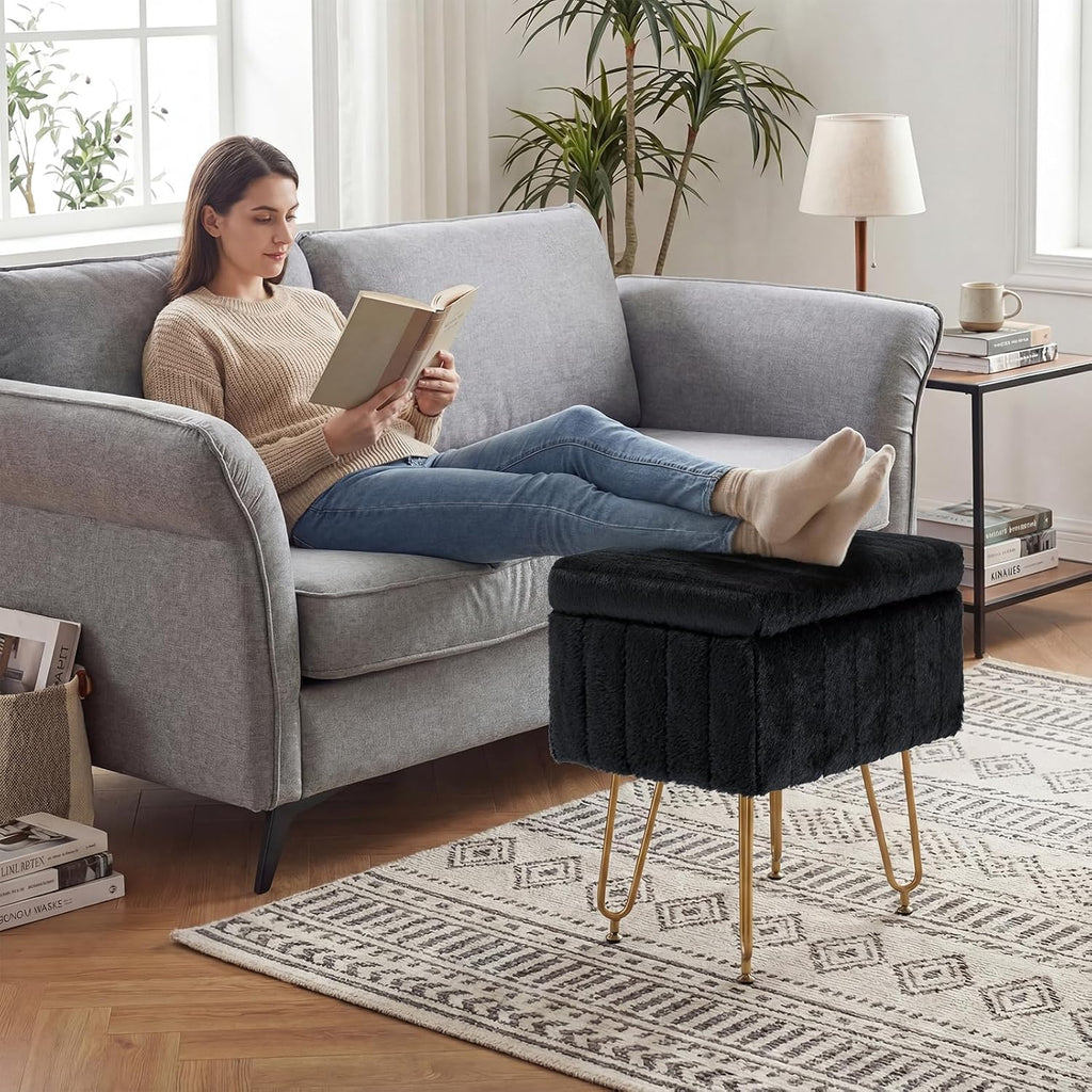 DUMOS Vanity Stool Chair with Storage, Small Ottoman Faux Fur Soft Padded Footstools Seat with 4 Metal Legs Anti-Slip Adjustable Feet Modern Footrest for Home Entryway Bedroom Makeup Black