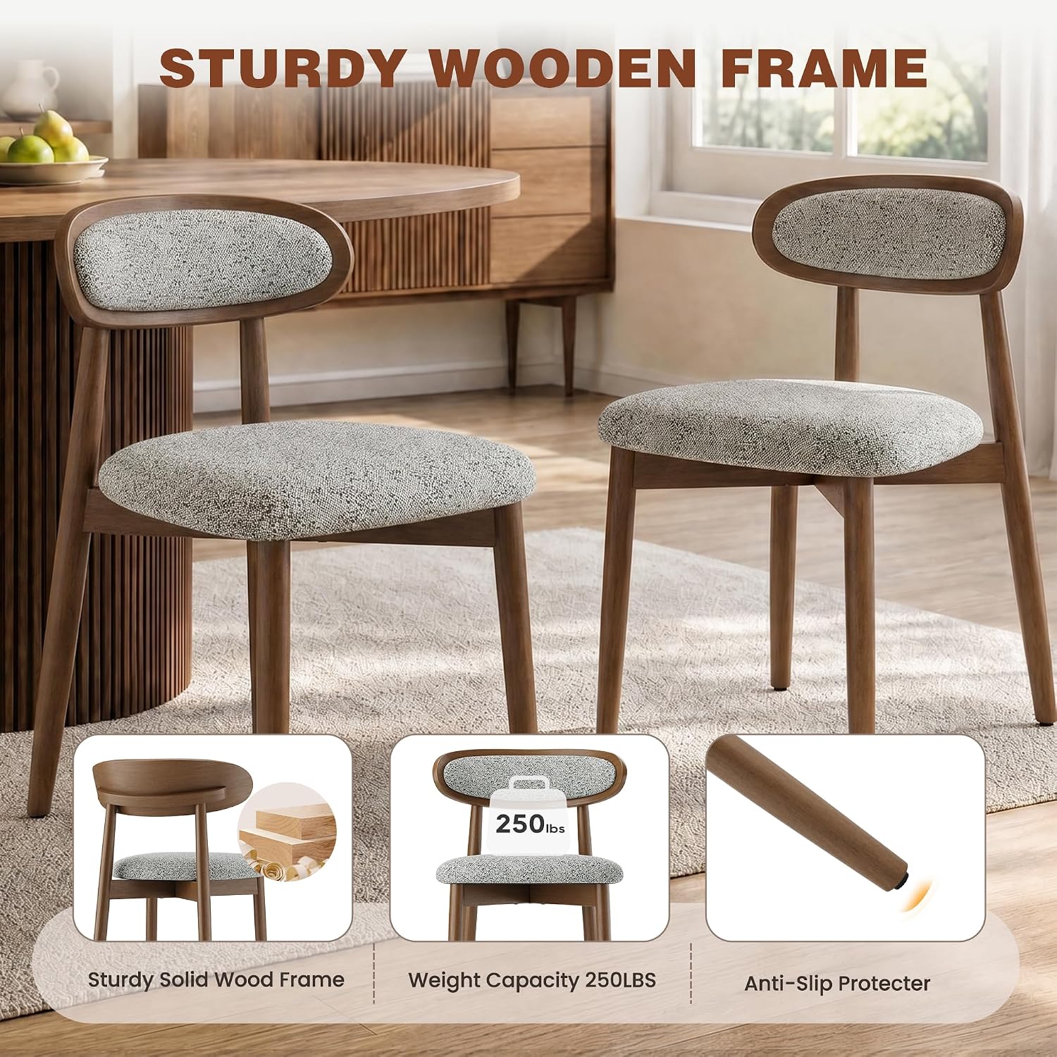 Dining Chairs Set of 4, Upholstered Farmhouse Dining Room Chairs with Soild Wood Legs, Modern Fabric Kitchen Chairs with Ergonomic Curved Backrest, Gray