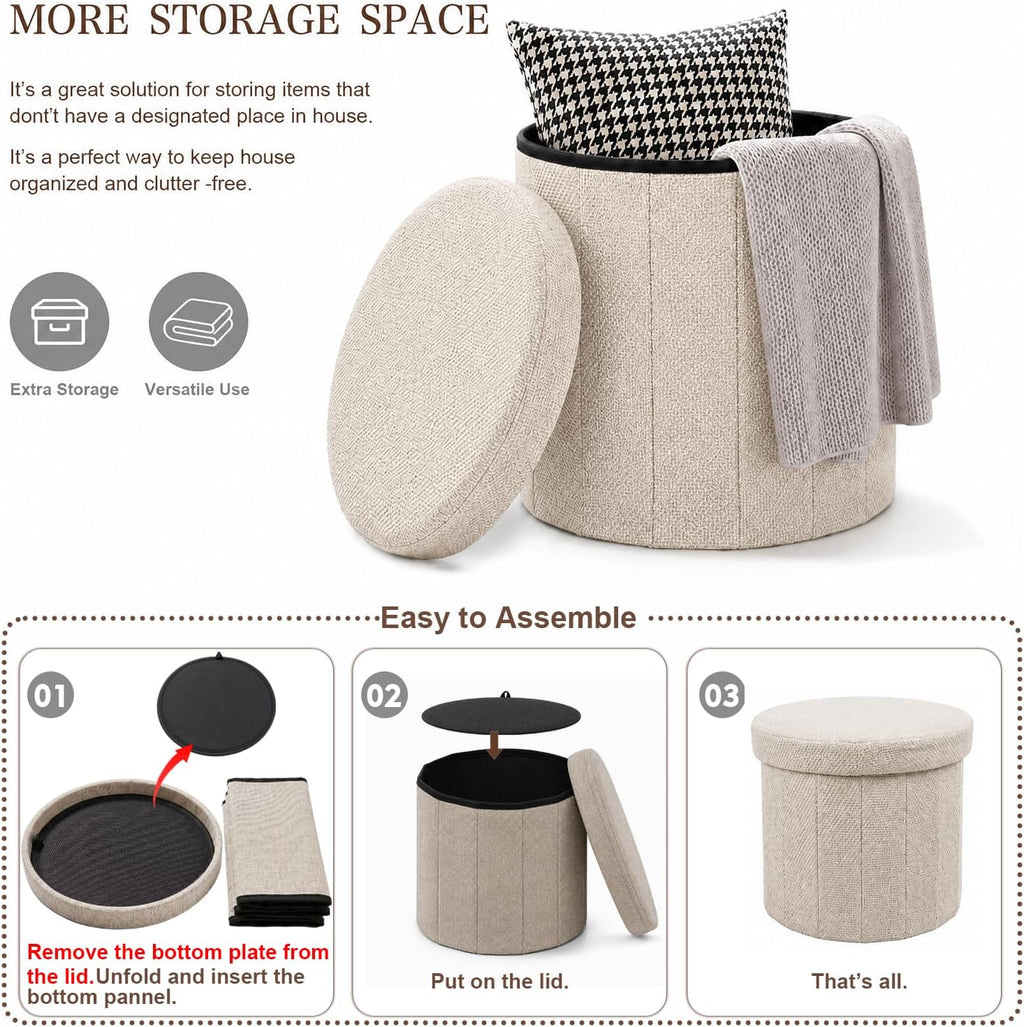 Abalter Round Storage Ottoman with Lid, Foldable Linen Storage Ottoman Bench with Large Storage Space, Collapsible Storage Stool Foot Rest Seat for Living Room Bedroom Entryway Closet(Beige)