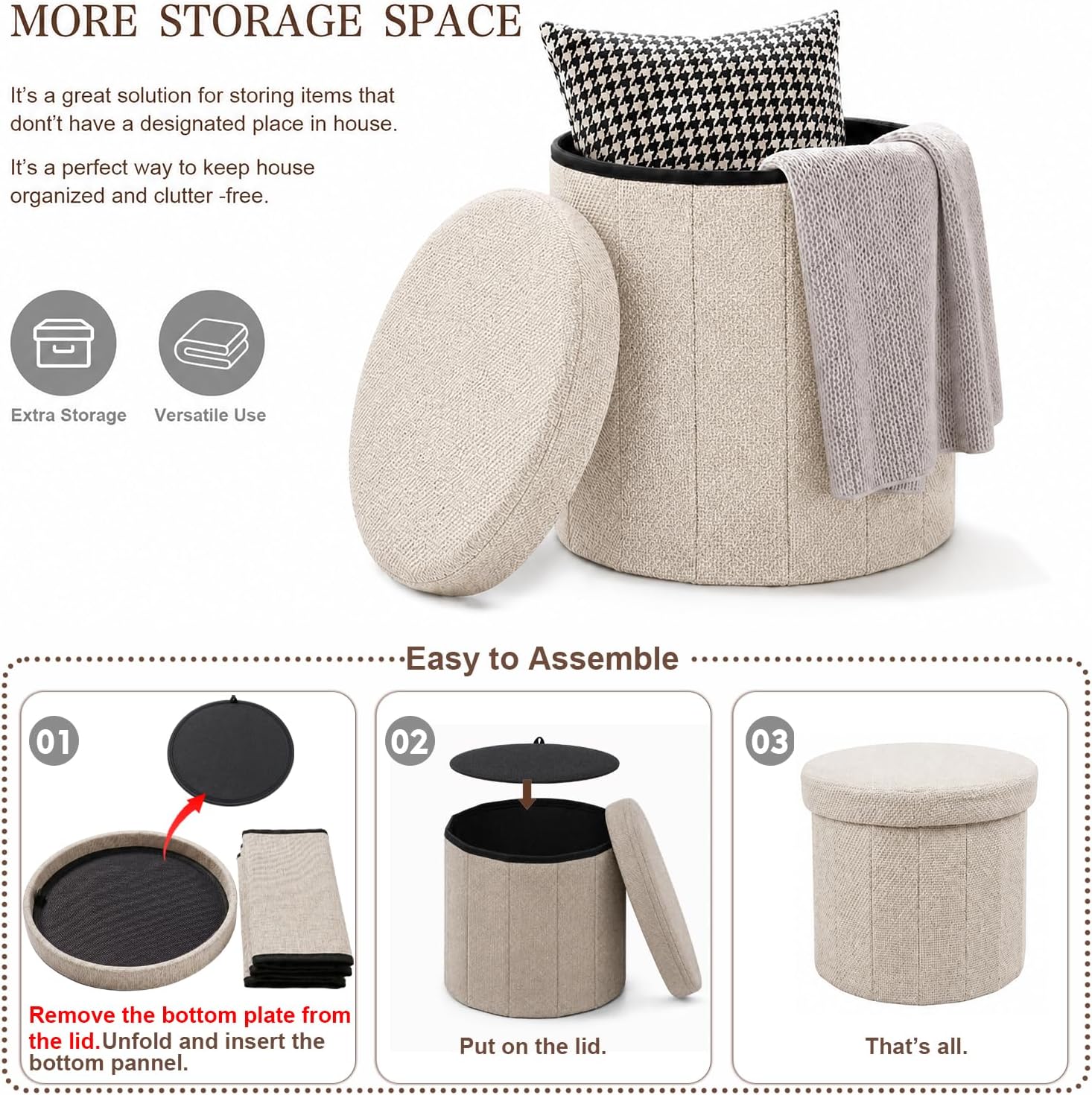Abalter Round Storage Ottoman with Lid, Foldable Linen Storage Ottoman Bench with Large Storage Space, Collapsible Storage Stool Foot Rest Seat for Living Room Bedroom Entryway Closet(Beige)