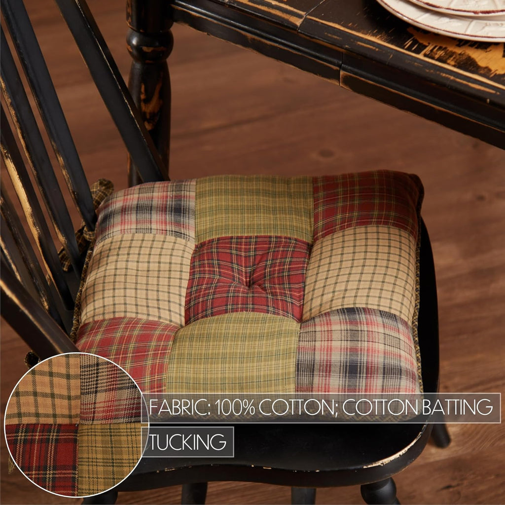 VHC Brands Tea Cabin Chair Pad Patchwork Log Cabin Country Rustic Lodge Design, Moss Green and Deep Red, Set of 4