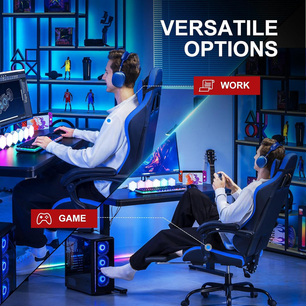 GTPLAYER Gaming Chair High Back Computer Chairs with Foot Rest for Adults, Ergonomic Height Adjustable Recliner Chair 300lbs with Linkage Armrest and Lumbar Support for Home Office, Blue