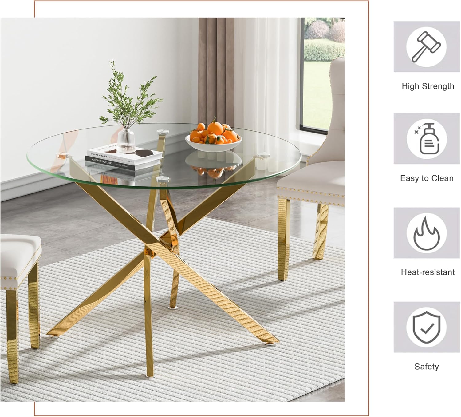 47" Round Glass Dining Table for 4-6, Circle Kitchen Table with Tempered Glass Top & Gold Metal Cross Legs, Modern Glass Dinner Table for Kitchen Dining Room Small Apartment