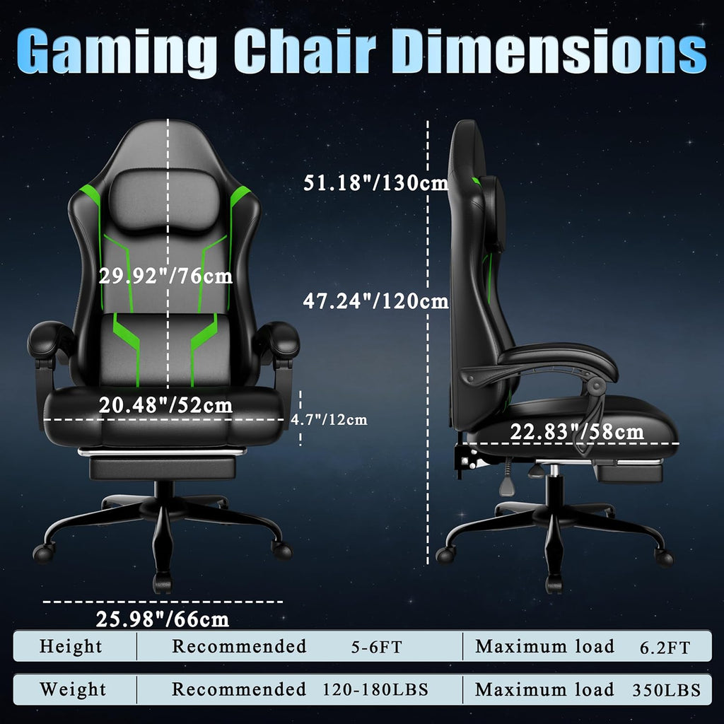 Gaming Chair with Footrest, Ergonomic Gamer Chair with Pocket Spring Cushion and Lumbar Pillow, Video Game Chair for Adults (Black + Green)