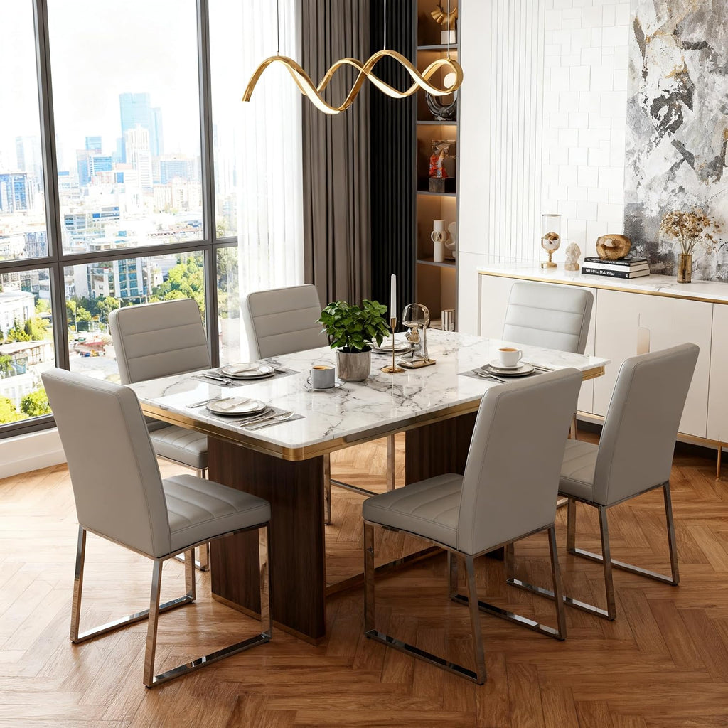 Modern Dining Chairs Set of 6, Grey Faux Leather Kitchen Chairs, Upholstered Armless Dining Room Chair with Silver Metal Legs Heavy Duty, Comfortable (Grey Chiars, Set of 6)