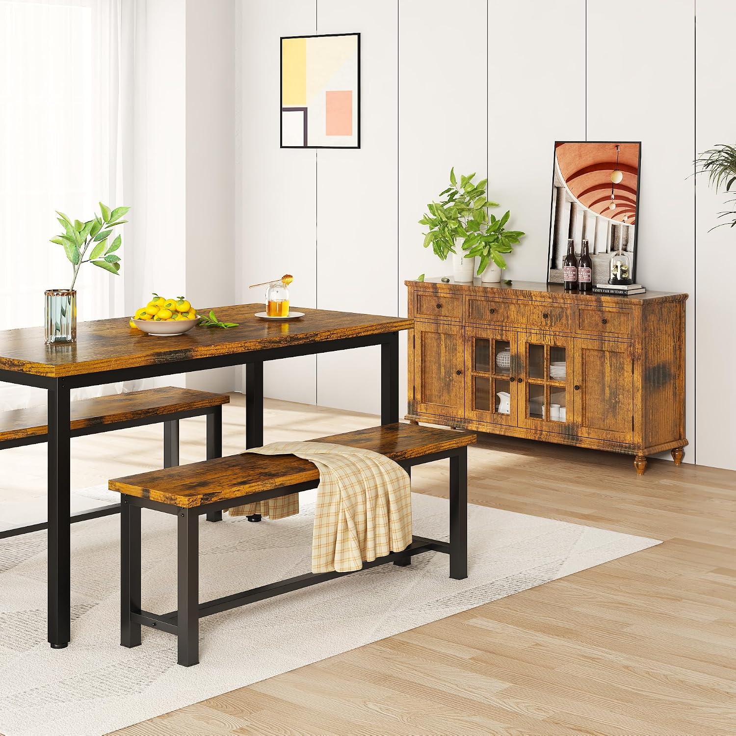 Recaceik Dining Benches - Pair of 2 Industrial Benches for Dining Room, Kitchen, Entryway, Bedroom - 39 Inch, Rustic Brown Metal Legs, Easy to Assemble