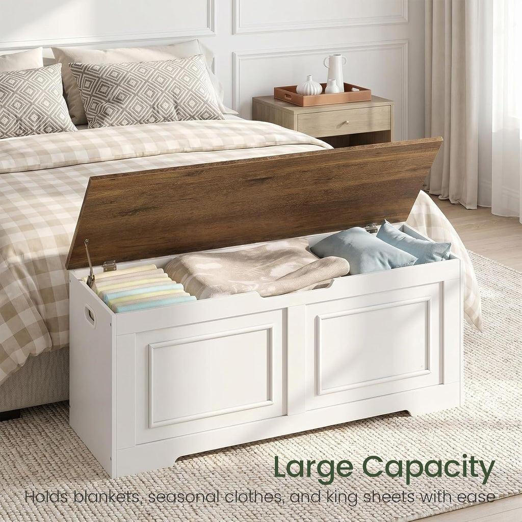 CHOEZON Storage Bench, 47.2" Large Capacity Toy Chest, Farmhouse Storage Trunk with Soft Close Hinge, Wooden Storage Box for Entryway, Living Room, Bedroom, White and Walnut MCW25WL