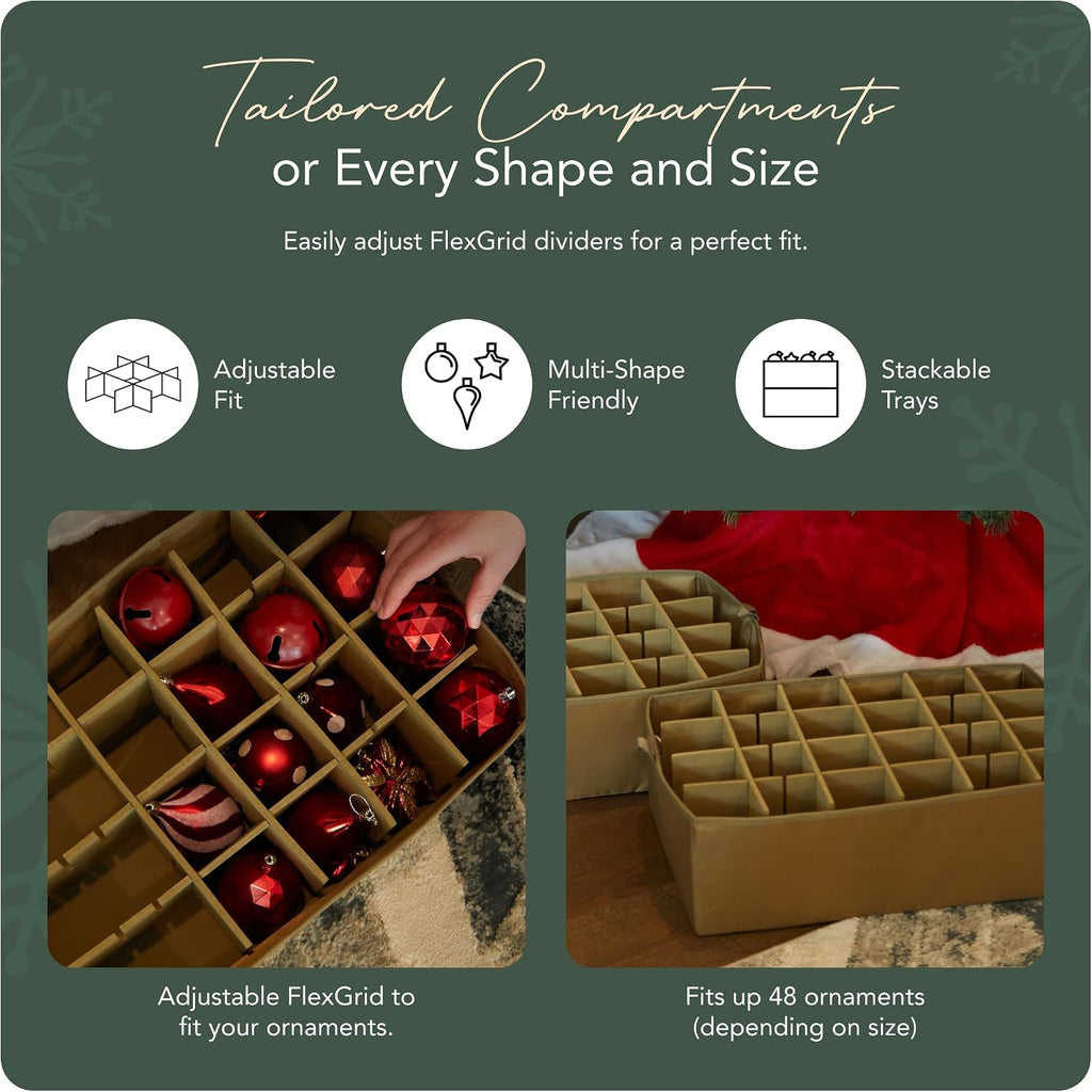 Covermates Keepsakes Adjustable Ornament Storage Bag – Heavy-Duty Polyester, Padded Dividers & FlexGrid Trays – Protective Holiday Ornament Organizer with Handles & Label Window, Red Snowflake