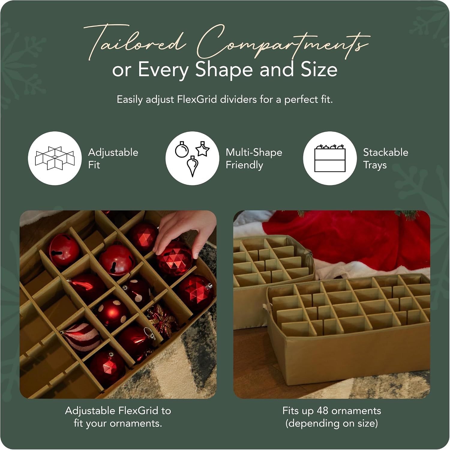 Covermates Keepsakes Adjustable Ornament Storage Bag – Heavy-Duty Polyester, Padded Dividers & FlexGrid Trays – Protective Holiday Ornament Organizer with Handles & Label Window, Red Snowflake