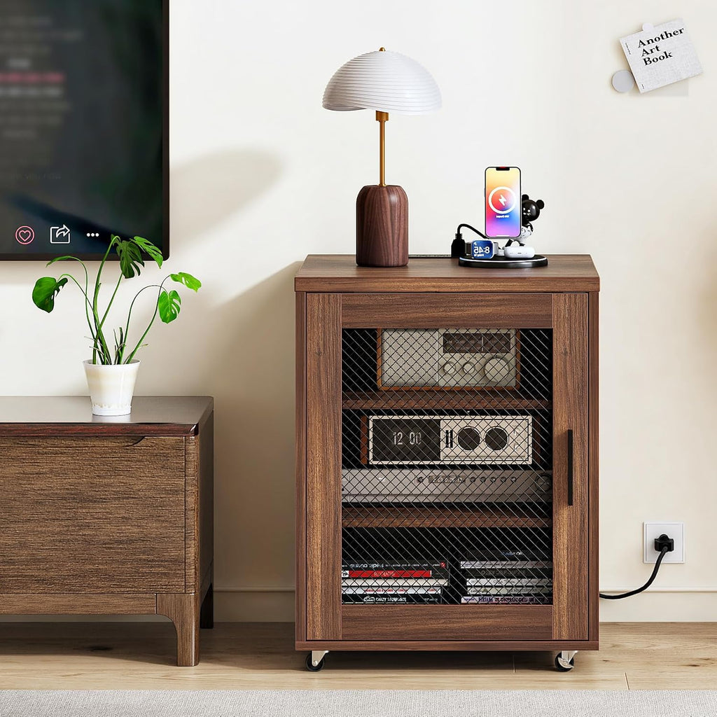 CHOEZON Media Cabinet with Charging Station, Stereo Cabinet with Wheels, Audio-Video Media Stand with Adjustable Shelves and Mesh Door, AV Rack for Living Room, Home Theater, Walnut MBZ23UHT