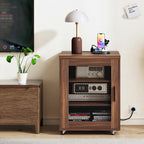 CHOEZON Media Cabinet with Charging Station, Stereo Cabinet with Wheels, Audio-Video Media Stand with Adjustable Shelves and Mesh Door, AV Rack for Living Room, Home Theater, Walnut MBZ23UHT