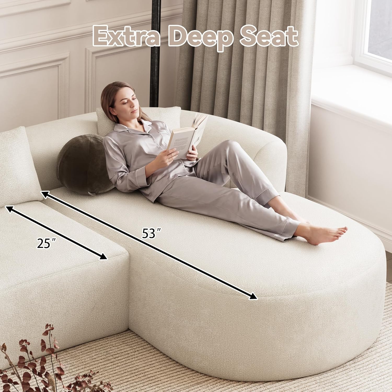 ONEMMLION Boneless Couch for Living Room, 111" Oversized Sectional Comfy Sofa with Right-Facing Chaise, Luxury Modern Curved L Shape Couch with Extra Deep Seat, No Asembly Required, Beige White