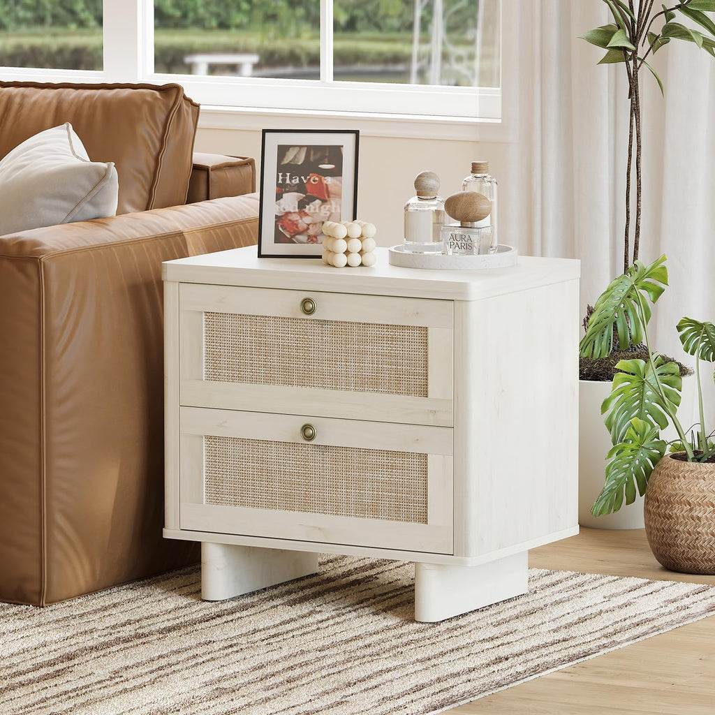 LAZZO White Nightstands Set of 2 with Rattan Drawers, Modern Bedside Table | 23.6 inch Night Stand with Large Storage Space for Bedroom Living Room Office, White Oak Texture, 4 Vintage Brass Handles