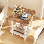 Function Home Square Side Table, 2 Tier Farmhouse End Table with Open Shelf, 17.7" French Country Nightstand for Living Room Bedroom Small Space, Handcraft Natural Tray Top & Vintage White Spindle Leg