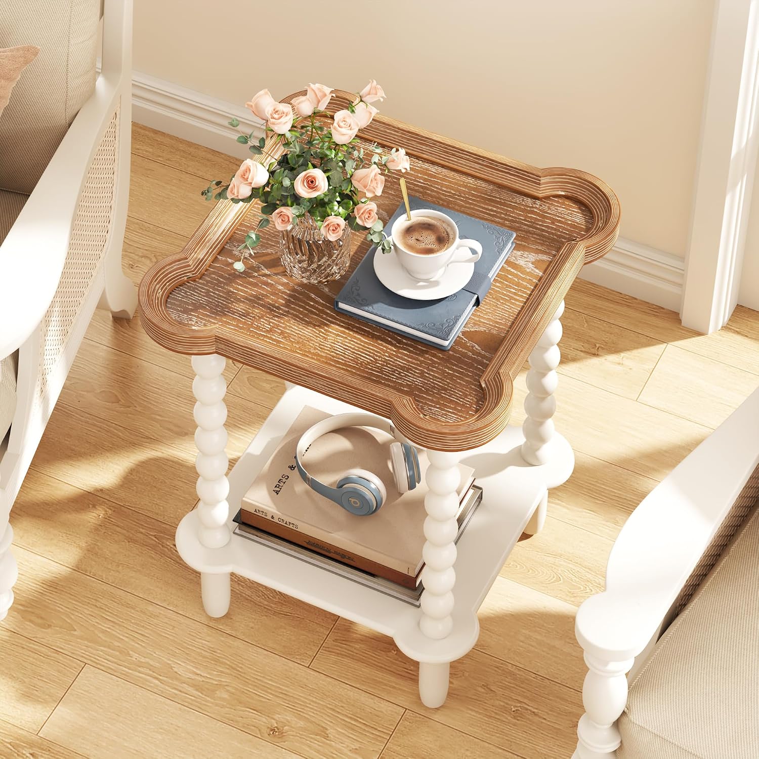 Function Home Square Side Table, 2 Tier Farmhouse End Table with Open Shelf, 17.7" French Country Nightstand for Living Room Bedroom Small Space, Handcraft Natural Tray Top & Vintage White Spindle Leg