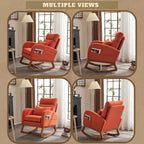 VINGLI Orange Linen Rocking Chair Nursery with Thick Headrest, Upholstered Mid-Century Modern Nursing Rocker Glider with Curved Armrest, Sturdy Solid Wood Base for Living Room, Bedroom, Baby Room